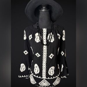 Cato Bohemian Black and White Embroidered Blouse with bell sleeves